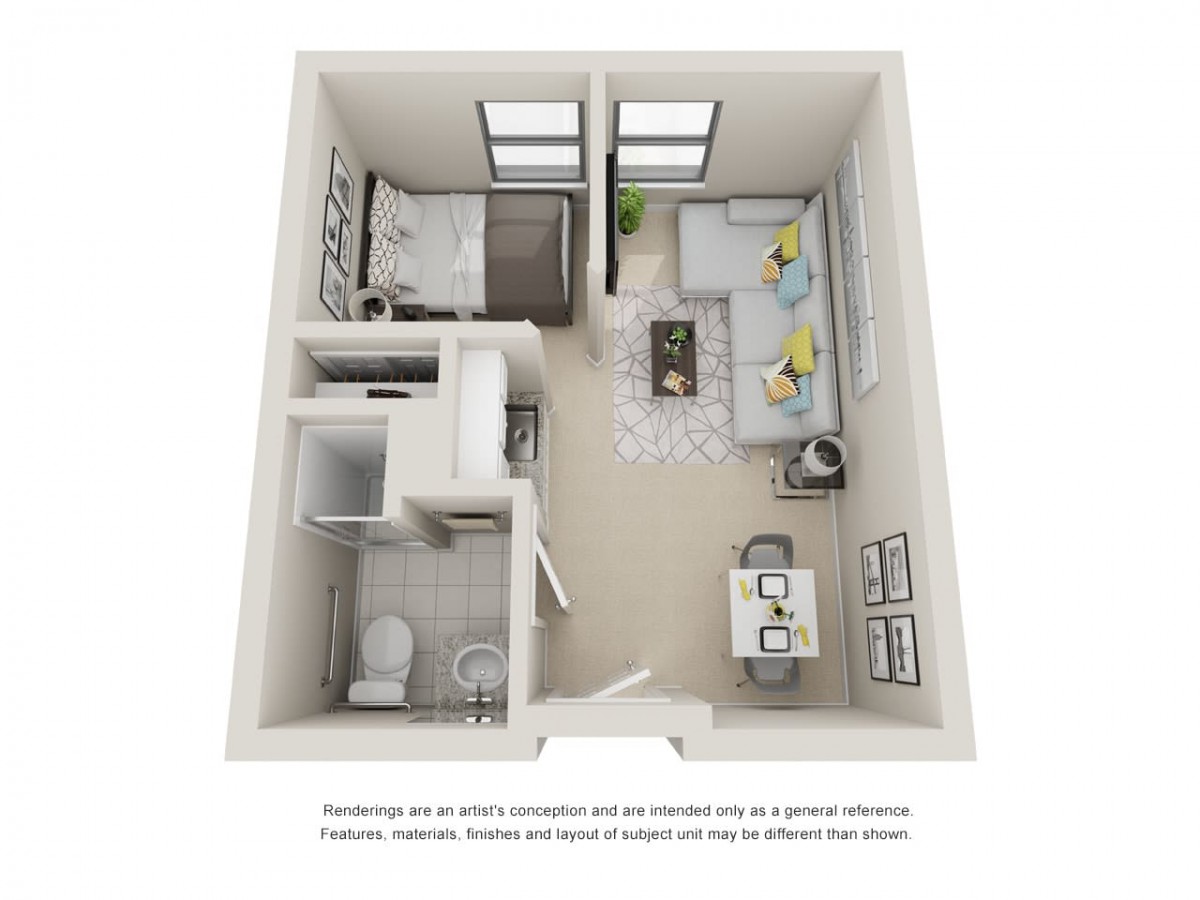 A 3D floor plan of a one-bedroom apartment featuring a cozy living room, compact kitchen, and bathroom.