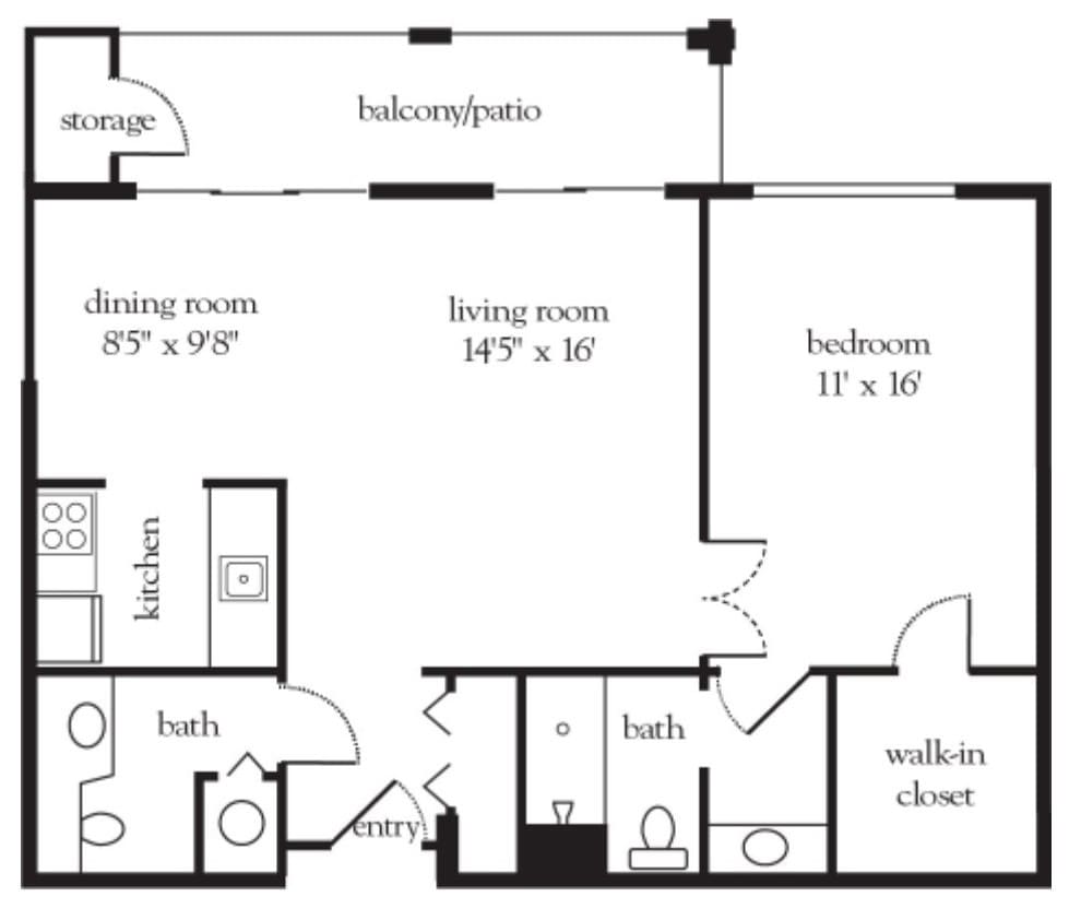A detailed floor plan of an apartment featuring a bedroom, two bathrooms, living and dining rooms, and a balcony/patio.