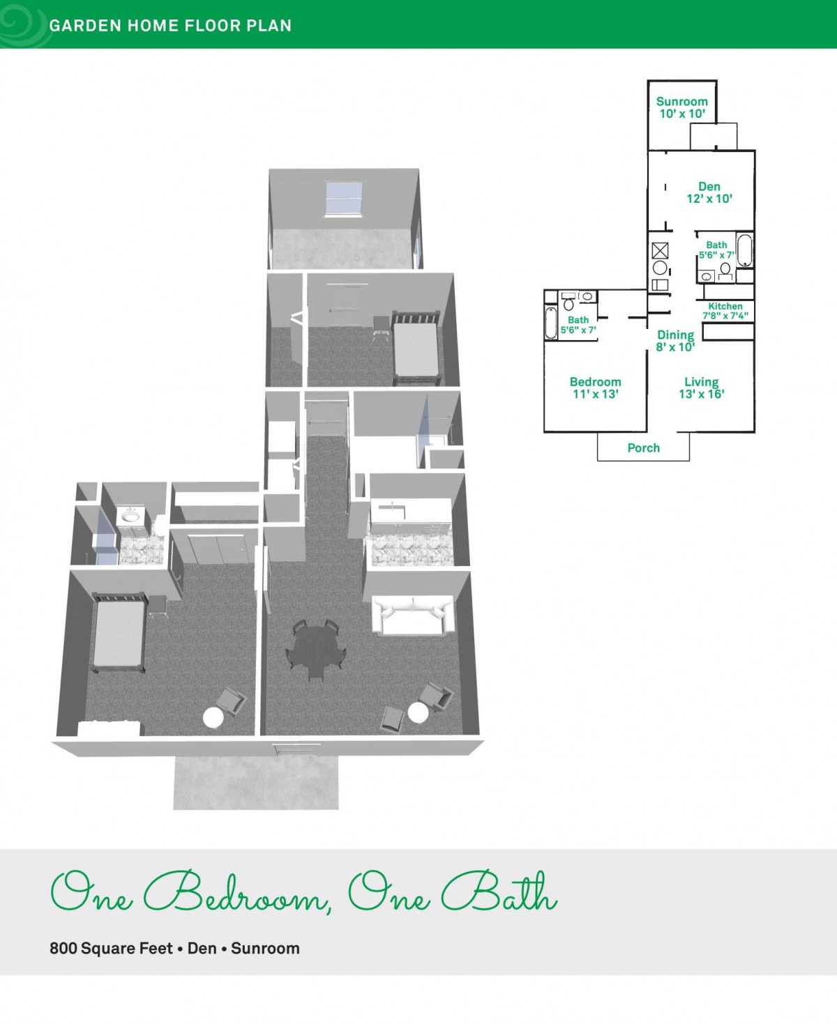 A 3D floor plan of a one-bedroom, one-bathroom apartment.
