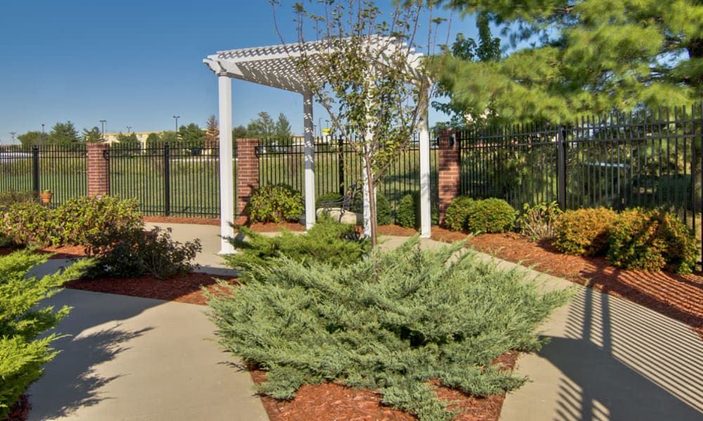A serene garden featuring a white pergola surrounded by lush greenery and a paved pathway.
