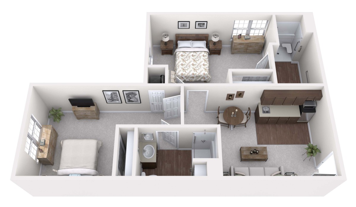 3D floor plan of a modern apartment with one bedroom, living area, kitchen, and bathroom.