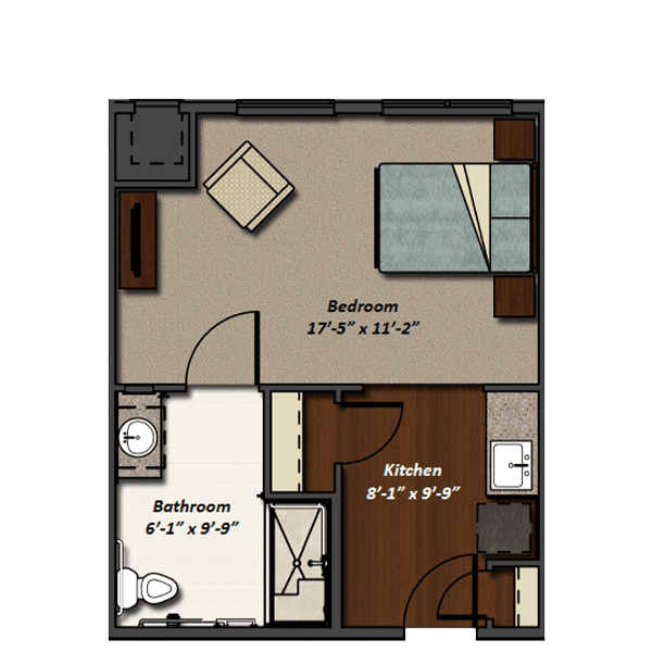 This is a floor plan of a small one-bedroom apartment with designated areas for a bedroom, bathroom, and kitchen.