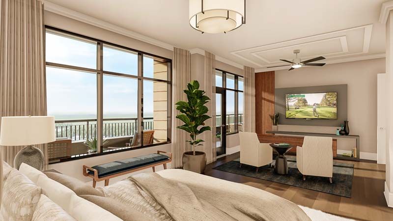 A modern and luxurious bedroom with natural light, featuring a balcony view and elegant interior design.