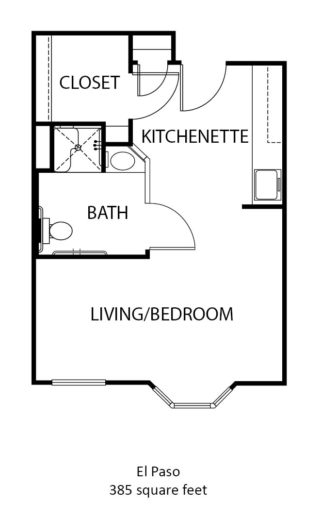 Floor plan of a studio apartment with a kitchenette, bathroom, and combined living/bedroom area.