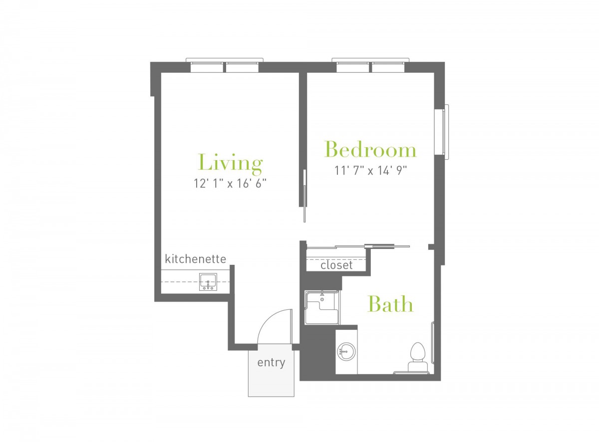 This is a floor plan of a one-bedroom apartment featuring a living room, kitchenette, and bathroom.