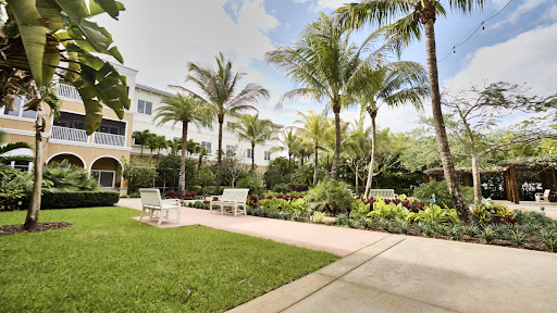 A serene garden space featuring palm trees and seating areas, perfect for relaxation.
