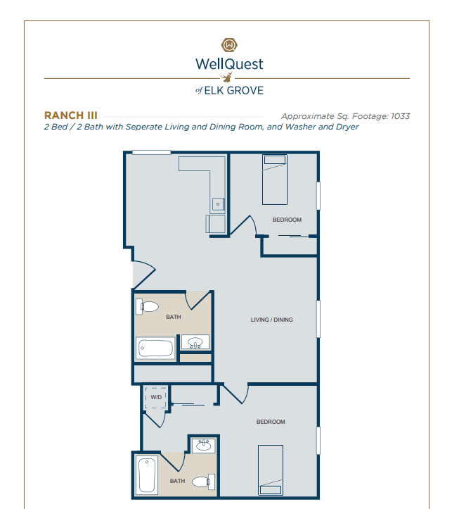 A detailed floor plan of a 2 bed, 2 bath apartment including living/dining area and kitchen.