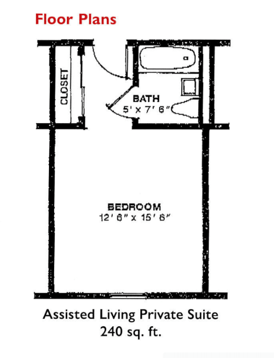 Floor plan of an assisted living private suite with a bedroom, bathroom, and closet.