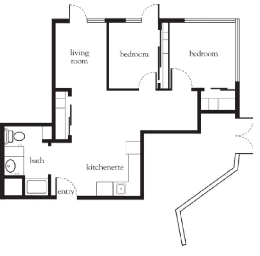 A floor plan of an apartment with labeled rooms including living room, bedrooms, kitchen, and bath.