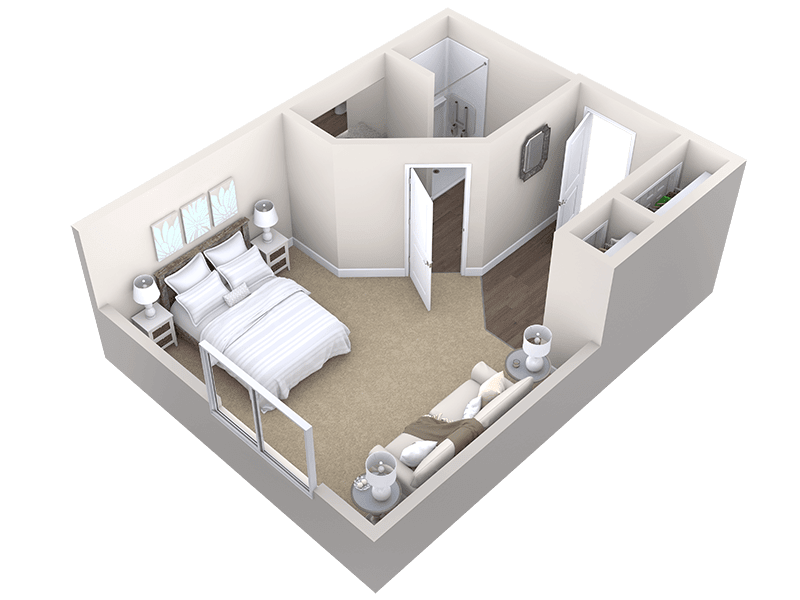A 3D floor plan rendering of a minimalist bedroom featuring a bed, side tables, and an en-suite bathroom.