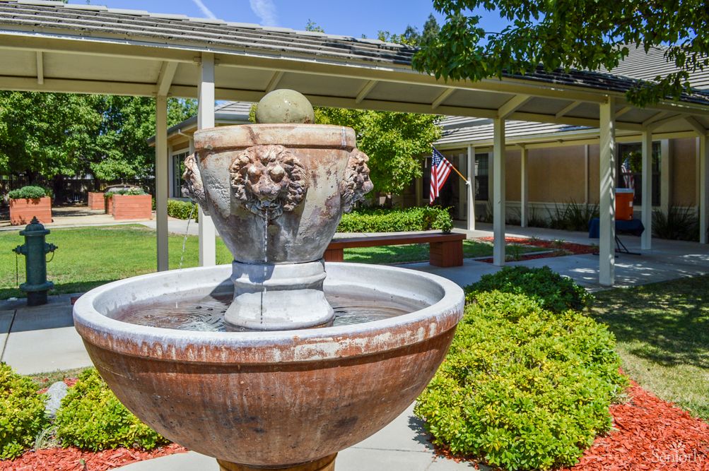 A beautiful outdoor fountain surrounded by lush greenery and a flag in the background on a sunny day.