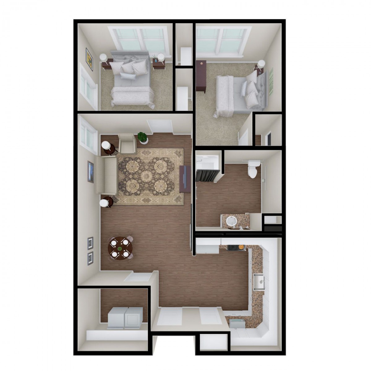 This is a floor plan of a two-bedroom apartment featuring a living room, kitchen, and bathroom.