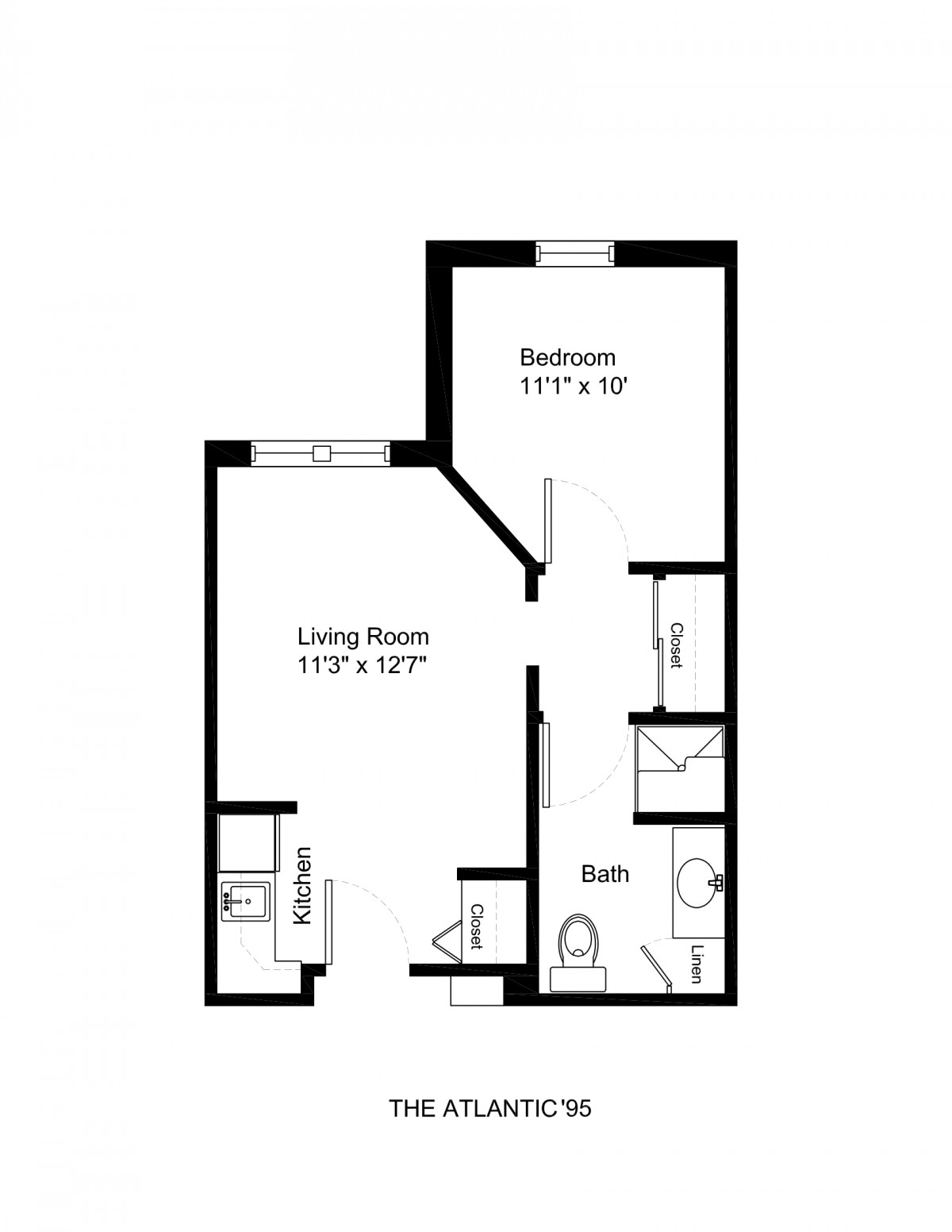 A floor plan of a one-bedroom apartment with a living room, kitchen, and bathroom.