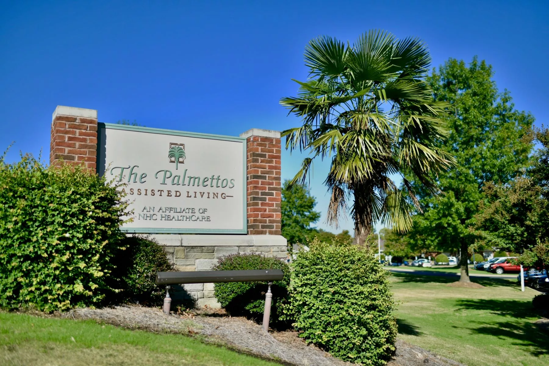 Entrance sign for The Palmetto Assisted Living with a palm tree in the background.