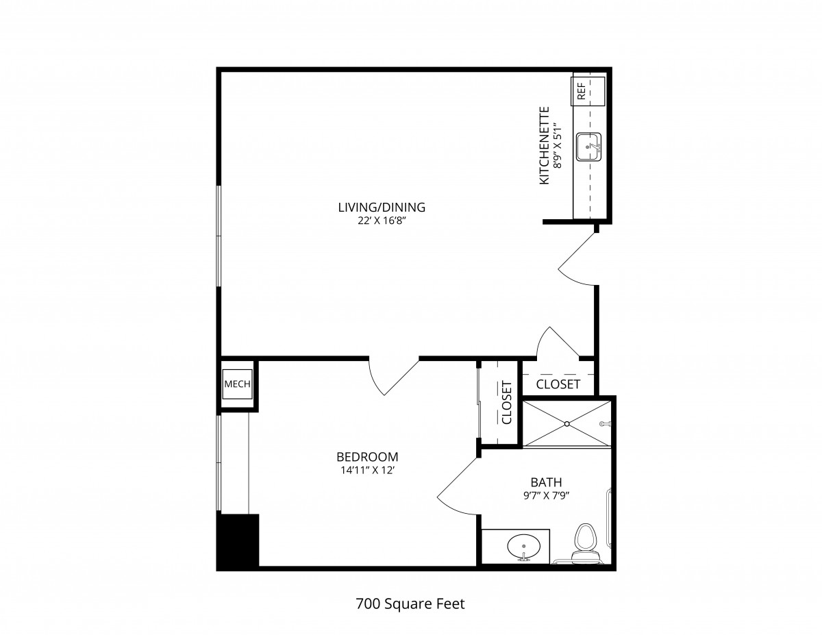 A 750 square feet apartment floor plan featuring one bedroom, a bathroom, and an open living/dining area.