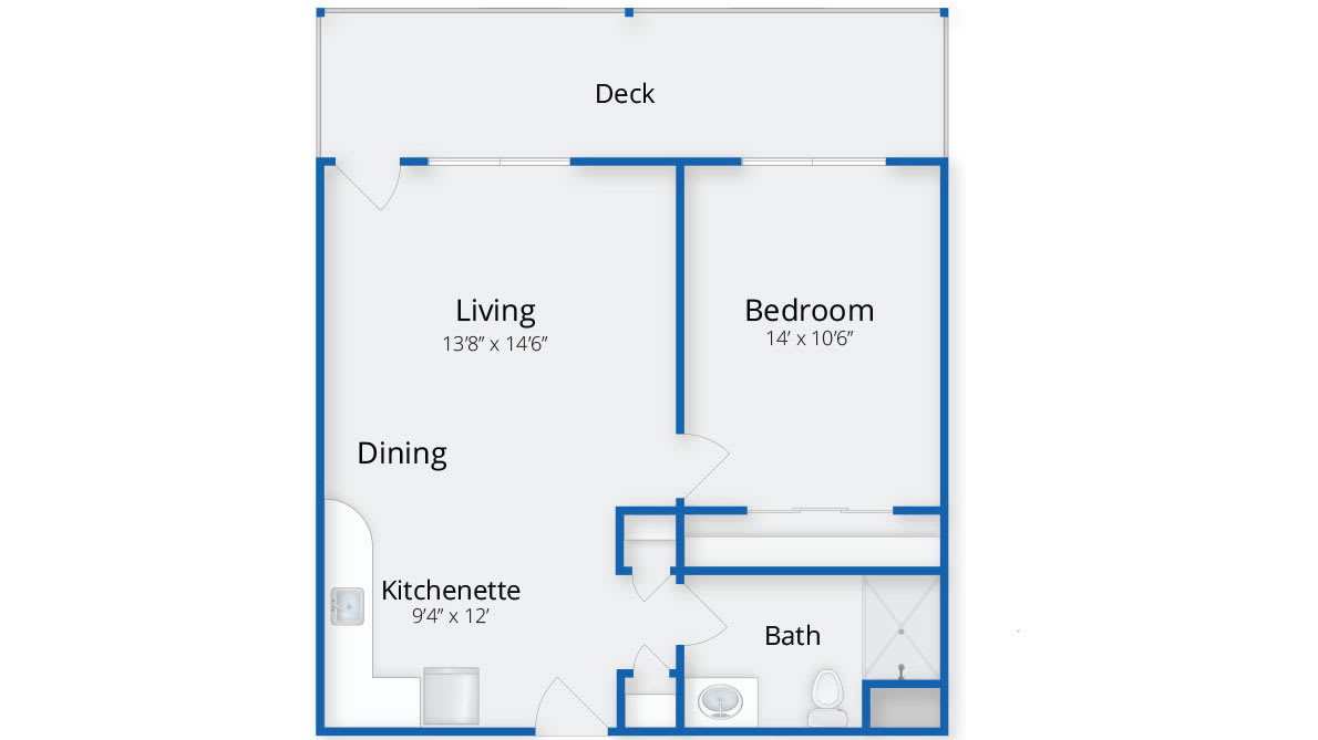 A floor plan of an apartment showing the layout of a living room, bedroom, kitchenette, dining area, bath, and deck.
