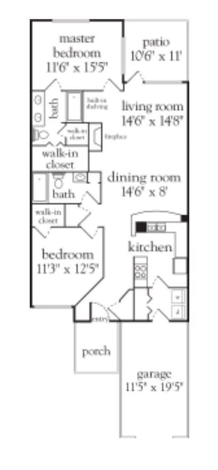 A floor plan of a one-bedroom apartment featuring a bedroom with walk-in closets, bathroom, dining room, and kitchen.