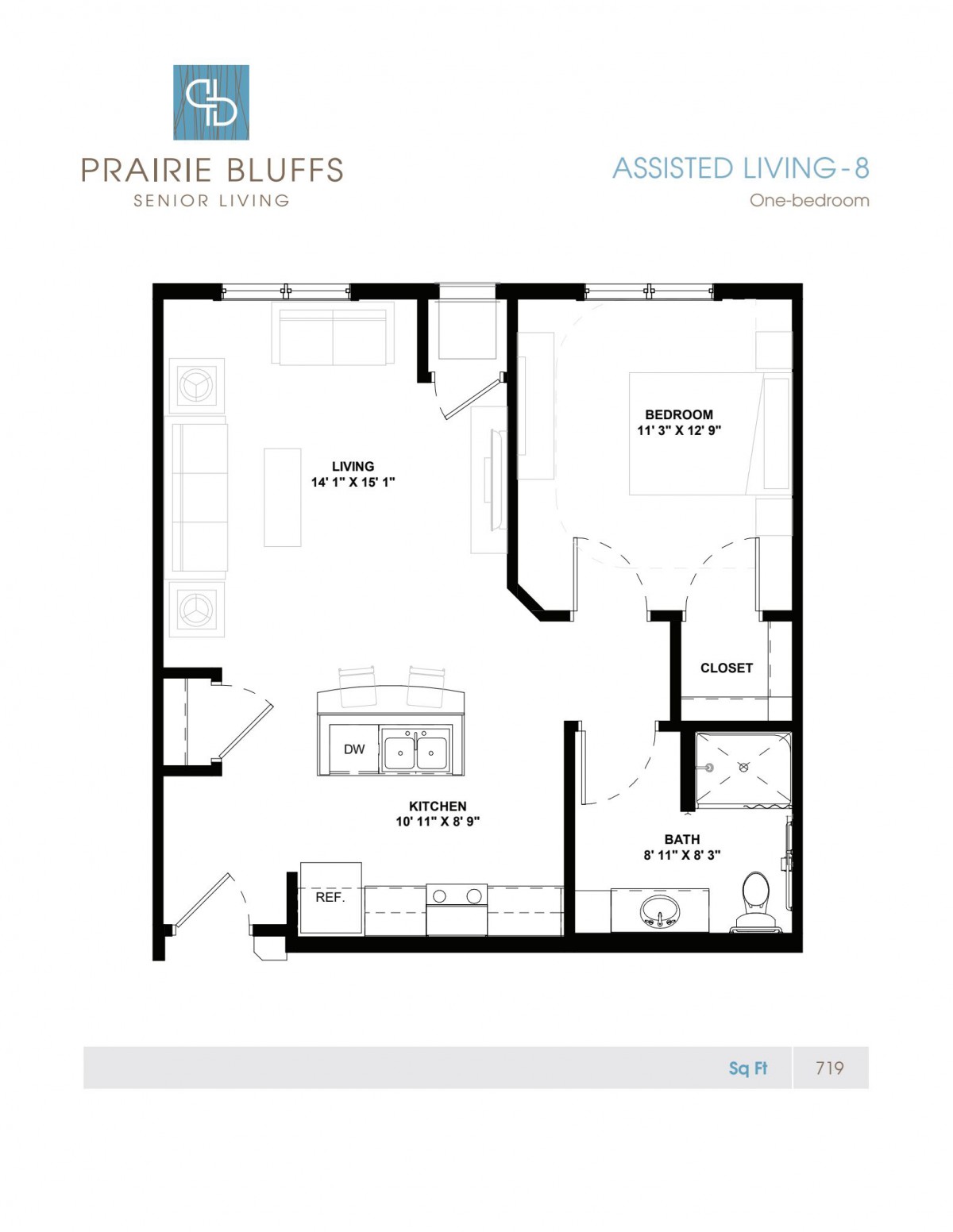 A floor plan of a one-bedroom assisted living apartment at Prairie Bluffs, featuring a kitchen, bathroom, and living room.