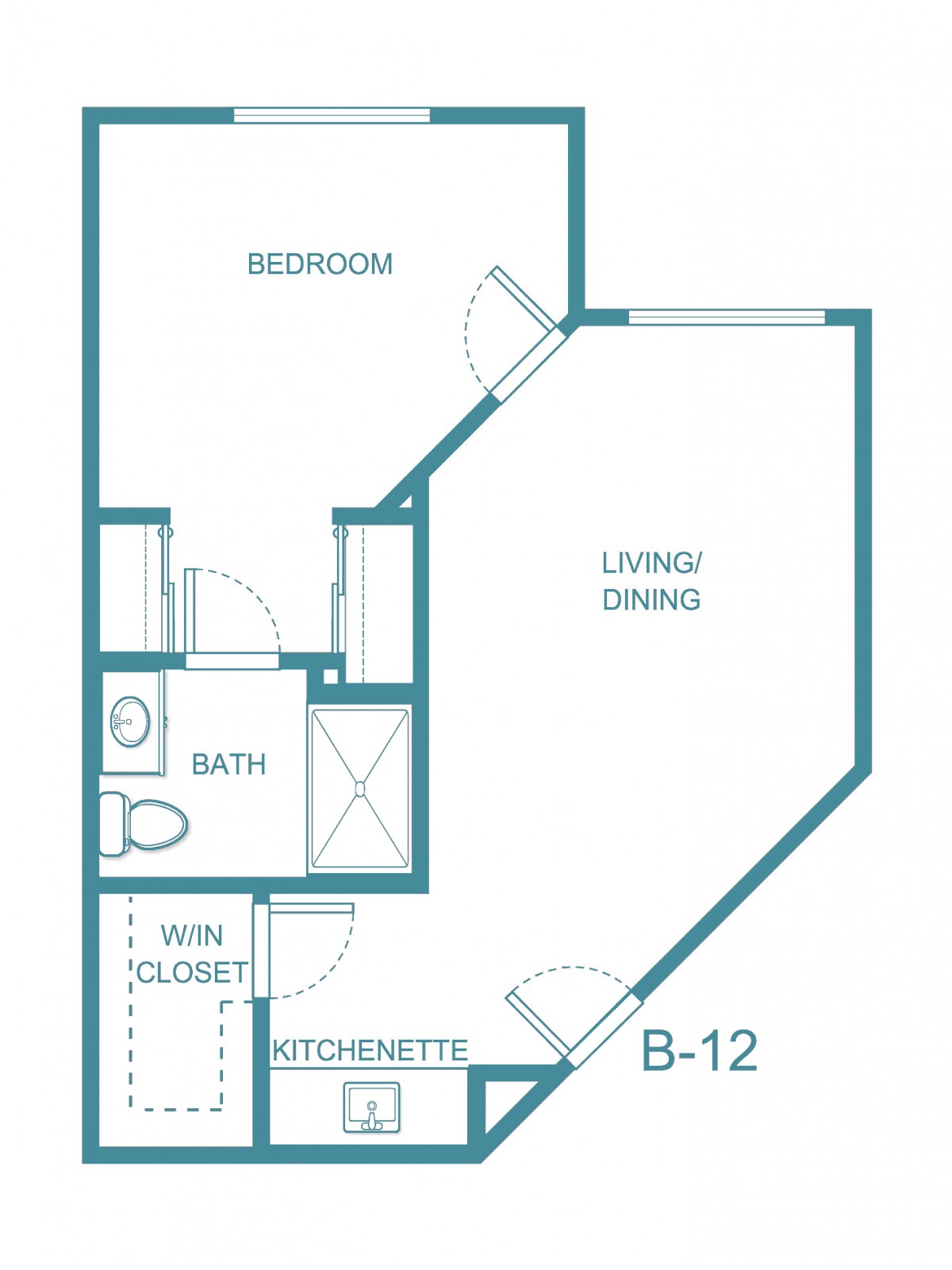 Apartment floor plan featuring a bedroom, bathroom, closet, kitchenette, and living area.