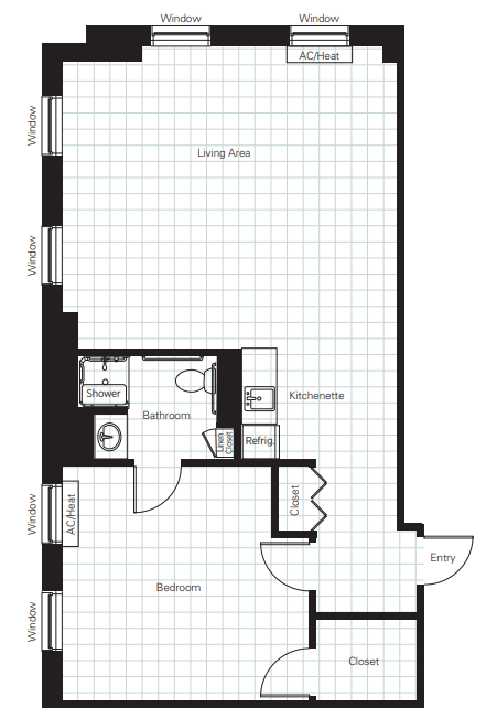 A floor plan layout showing an apartment with a living area, bedroom, bathroom, and kitchen.