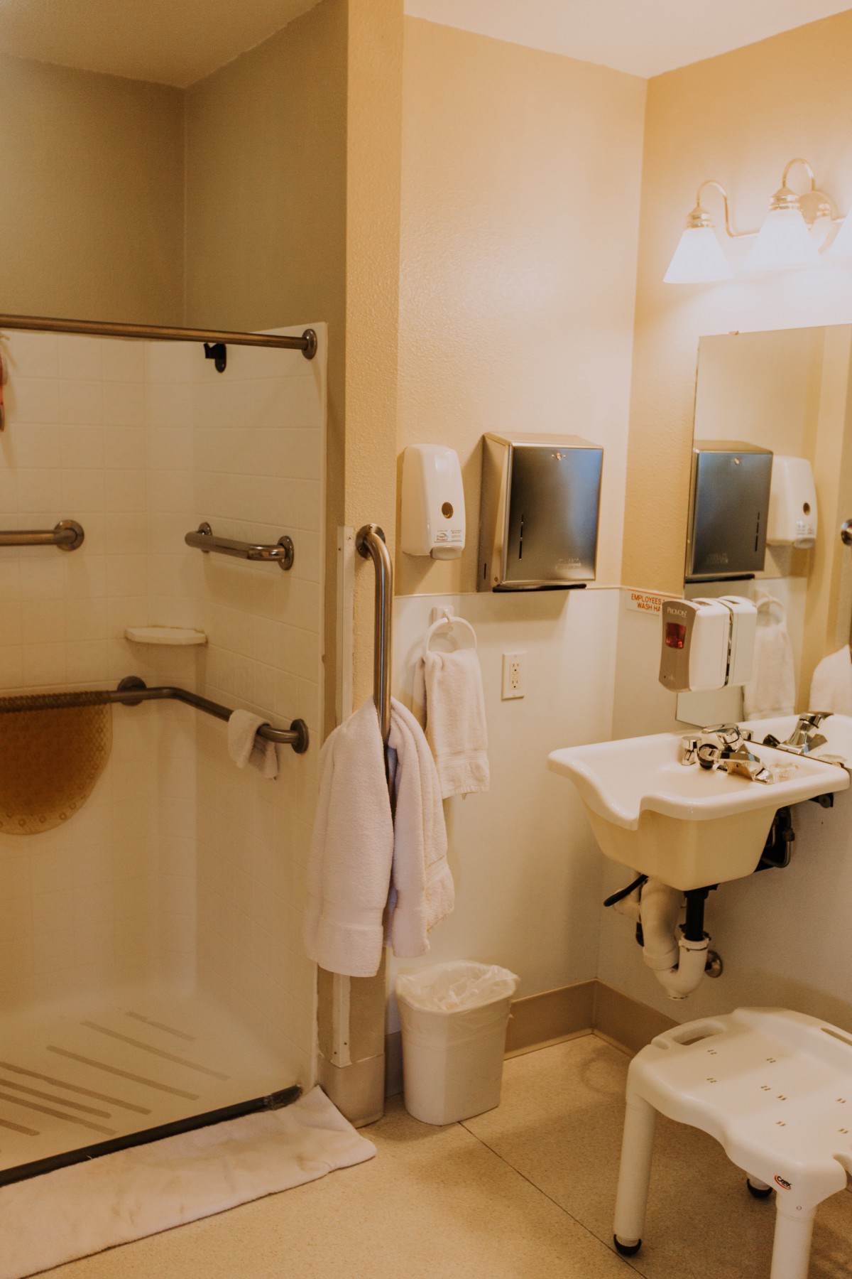 An accessible bathroom with a shower, sink, and grab bars.