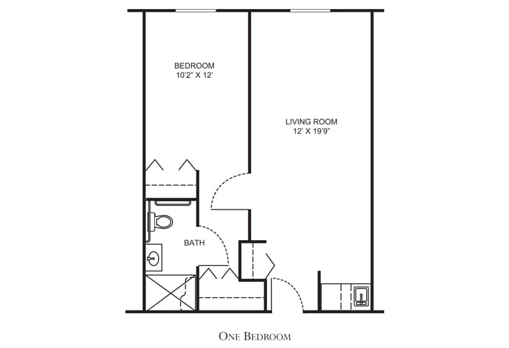 A floor plan of a one-bedroom apartment featuring a living room, bathroom, and bedroom.