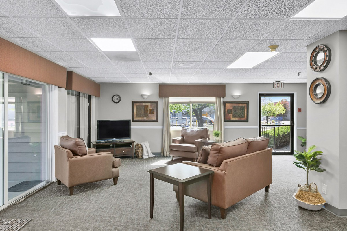 A cozy living room with sofas, a television, and large windows providing natural light.
