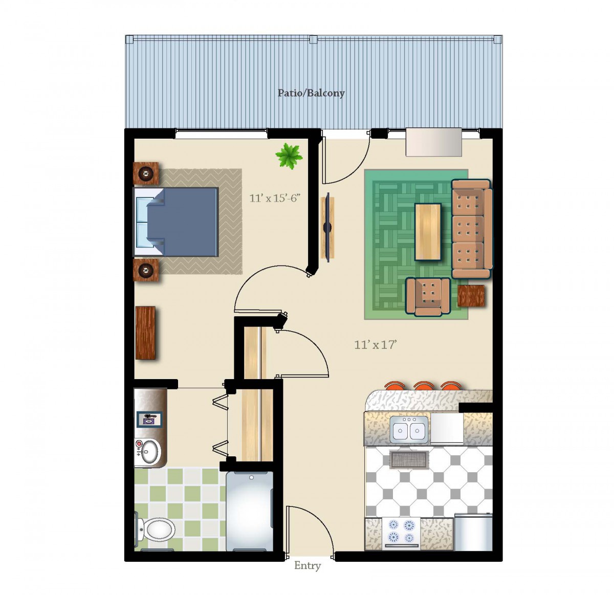 This is a floor plan of an apartment featuring two bedrooms, a living room, kitchen, and bathroom.