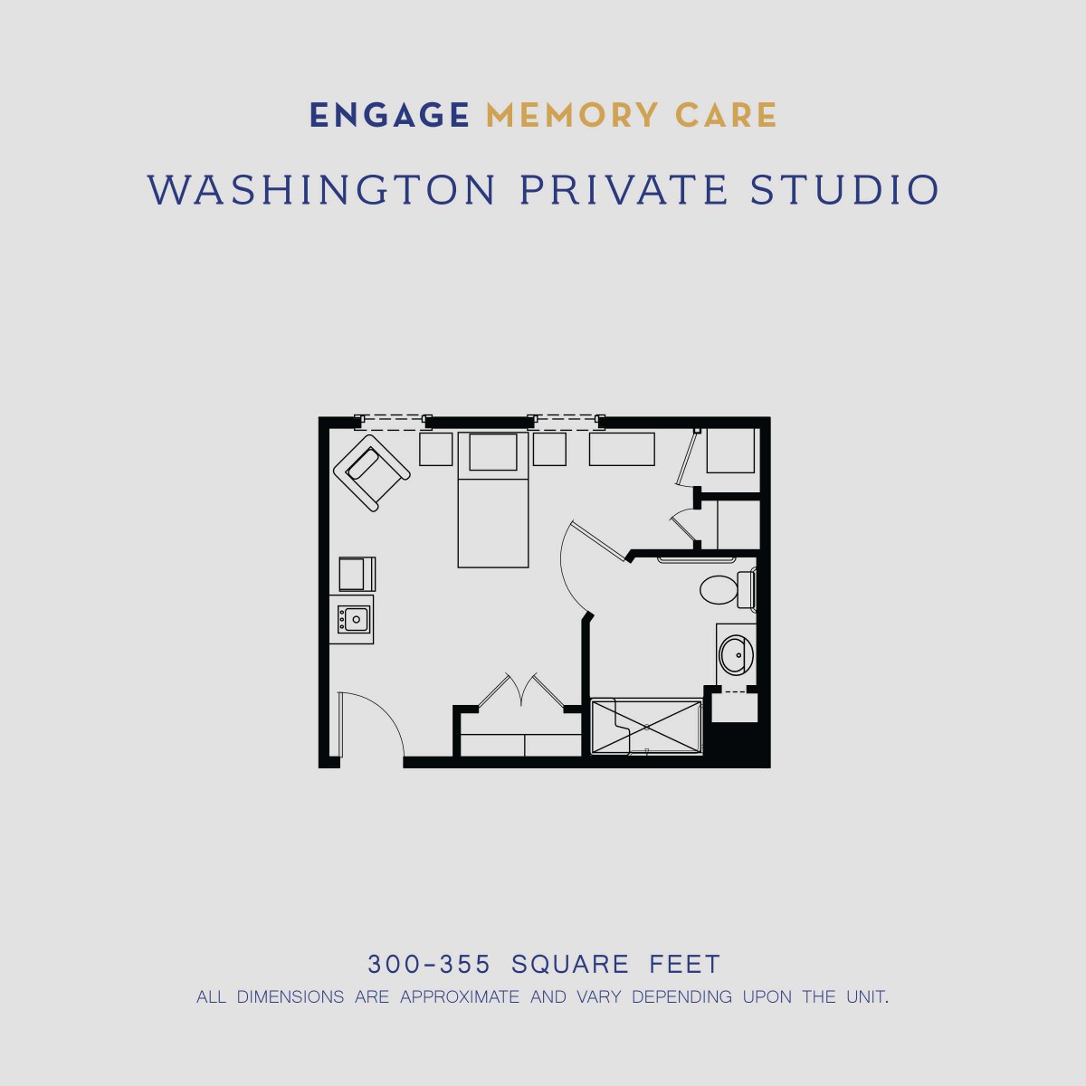 Floor plan for a Washington private studio in Engage Memory Care.