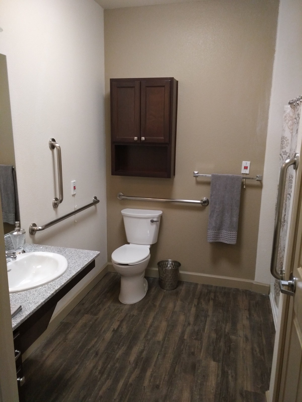 A modern bathroom with wooden floors, featuring a toilet, sink, and grab bars.