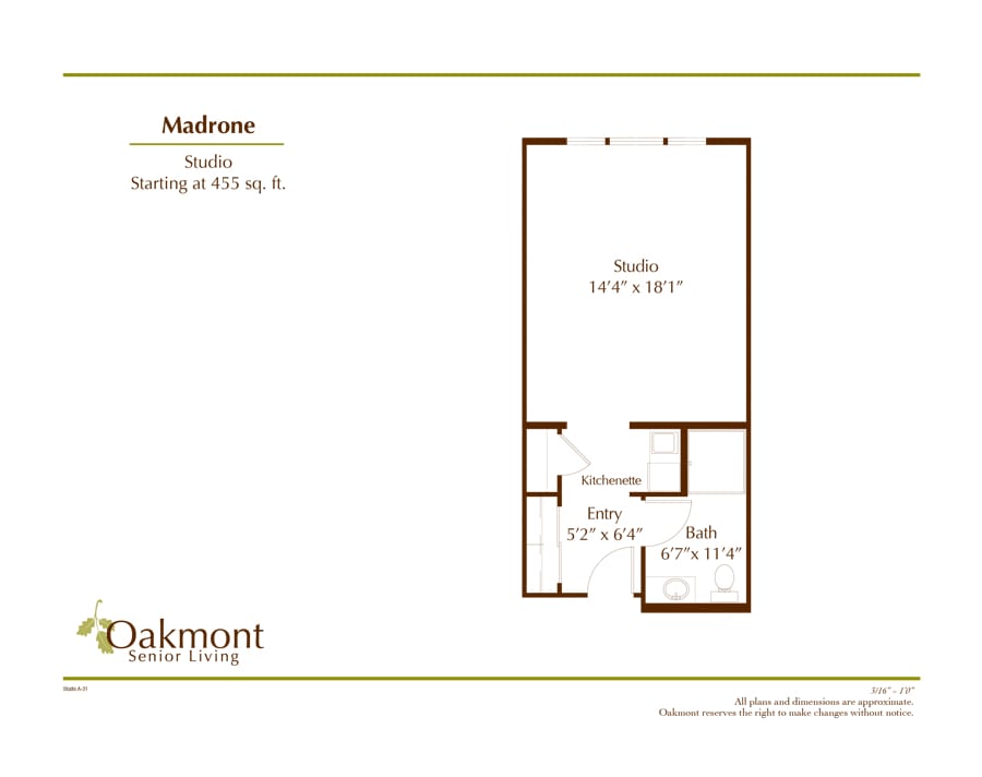Studio apartment floor plan with kitchen, bath, and studio area.
