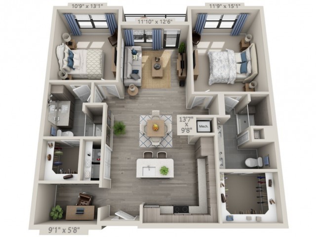 A modern apartment floor plan featuring two bedrooms, an open living area, and a well-organized kitchen.