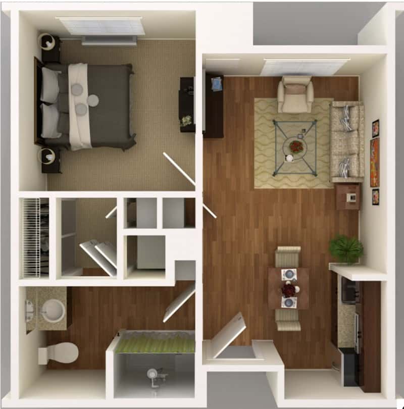 A top-down view of a one-bedroom apartment floor plan, featuring a living room, kitchen, bathroom, and bedroom.