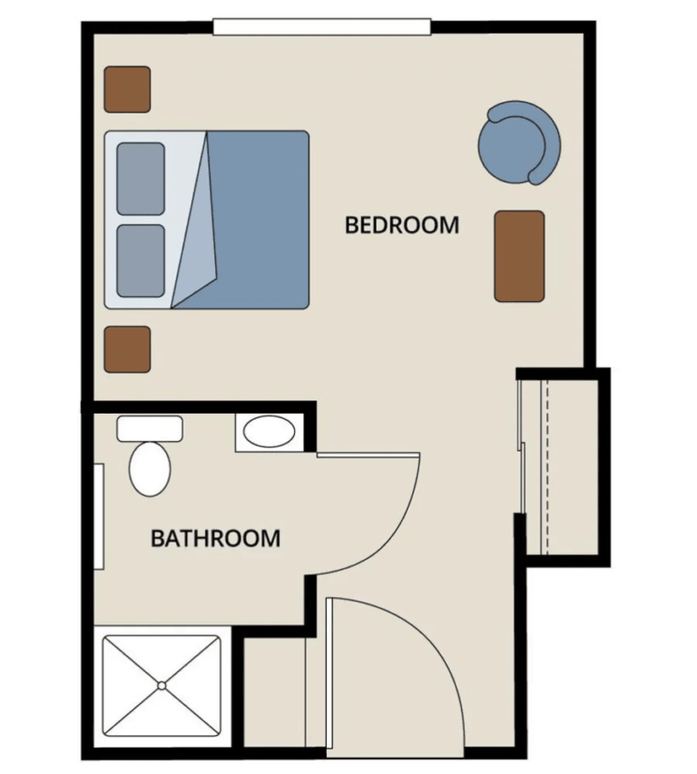 A simple floor plan featuring a bedroom and an attached bathroom.