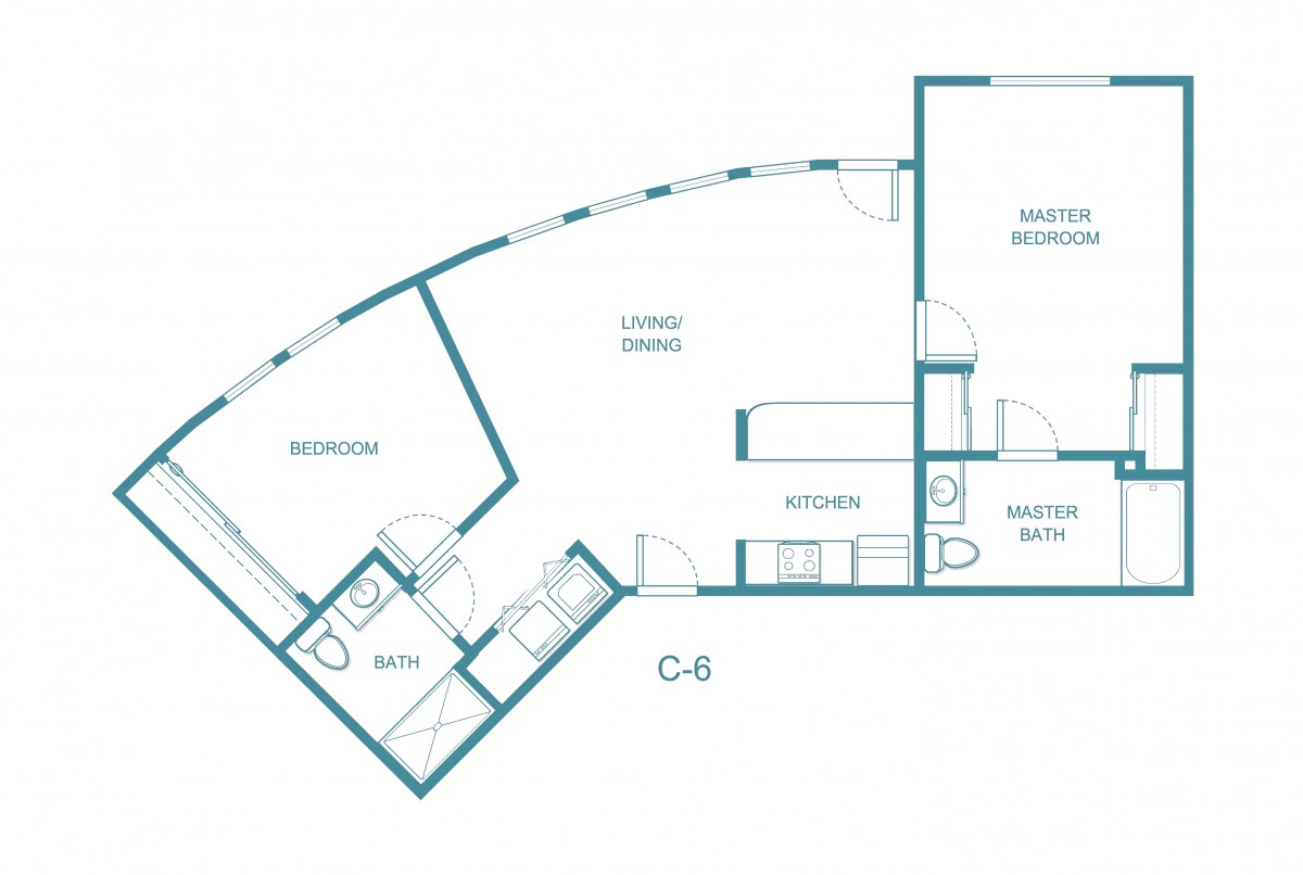 A detailed floor plan of an apartment, featuring a bedroom, living/dining area, kitchen, and bathrooms.