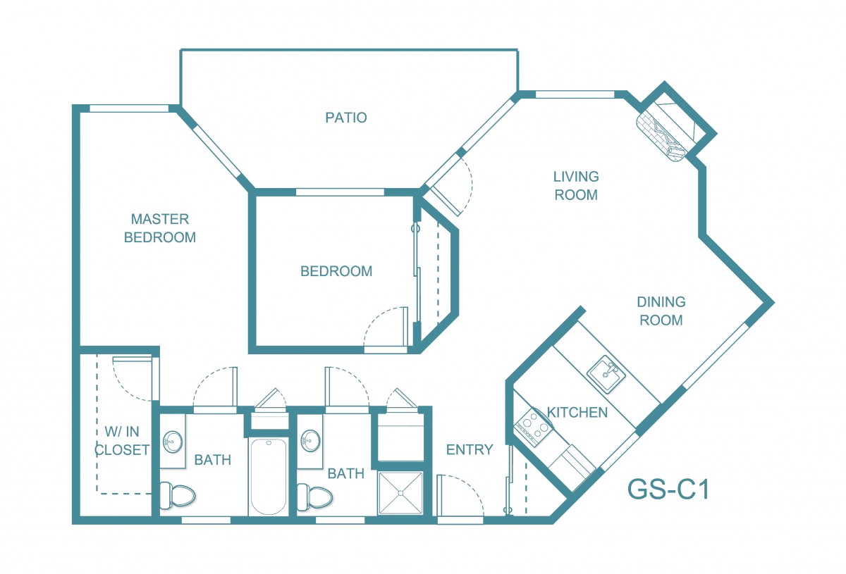 A detailed floor plan of an apartment featuring bedrooms, bathrooms, a kitchen, and living areas.