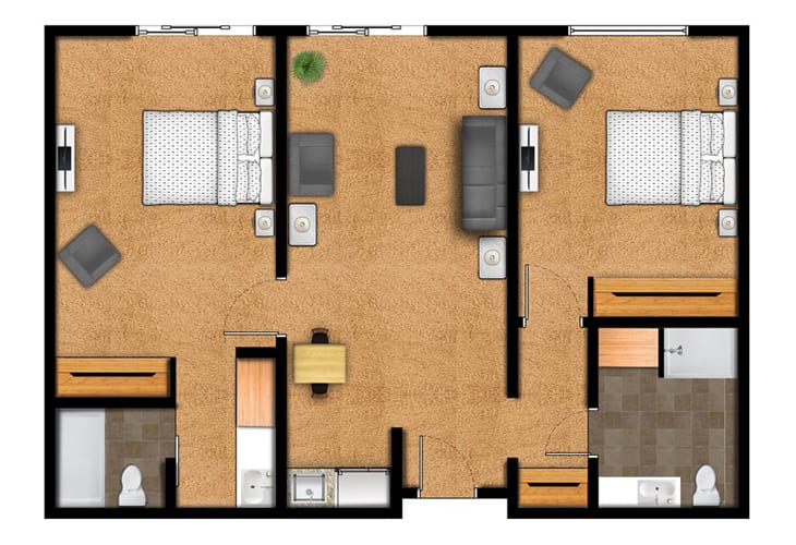 A top-down view of a two-bedroom apartment floor plan with labeled rooms and furniture placement.