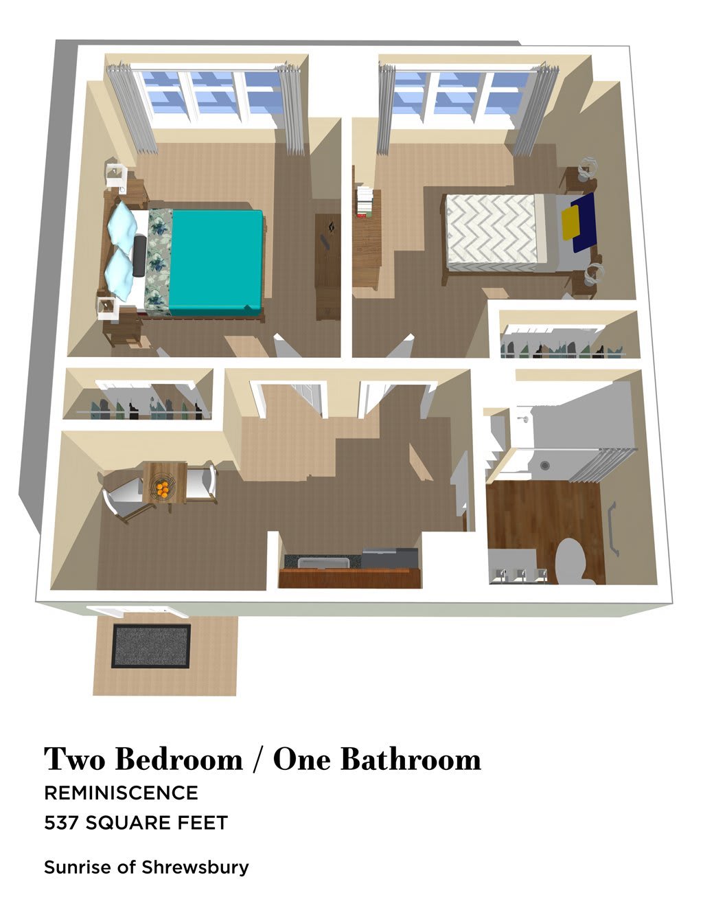 A 3D floor plan of a two-bedroom, one-bathroom apartment.