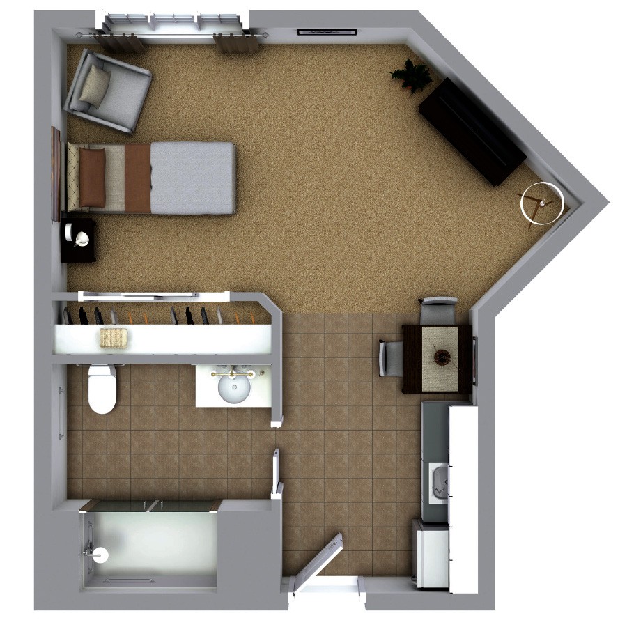 A top-down view of a compact one-bedroom apartment floor plan featuring a kitchen, living area, bedroom, and bathroom.
