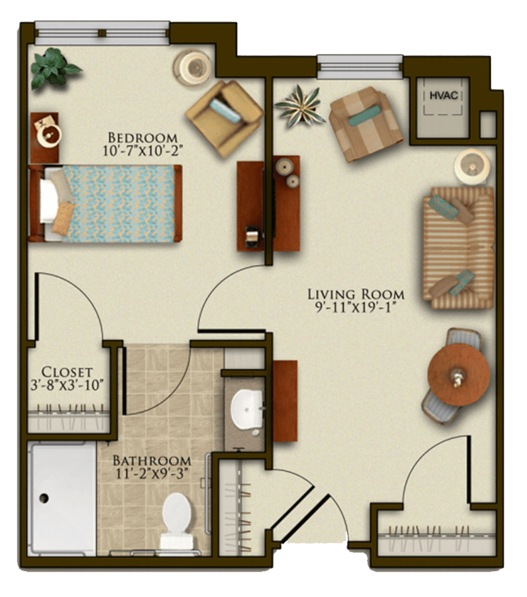 A one-bedroom apartment floor plan featuring a living room, kitchen, and bathroom.