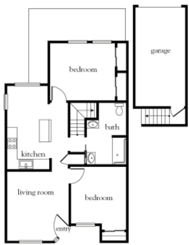 A floor plan of a house featuring a living room, kitchen, two bedrooms, bathroom, and garage.