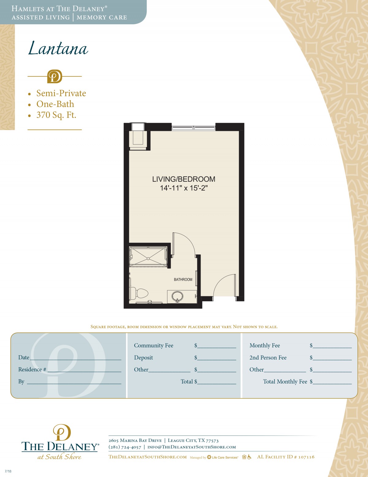 A floor plan showing the layout of a living/bedroom and bathroom area.