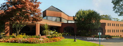 A modern building surrounded by a vibrant garden and trees.