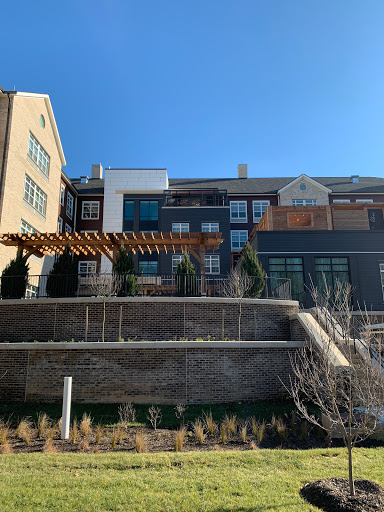 A modern residential building featuring a wooden pergola and landscaped steps.
