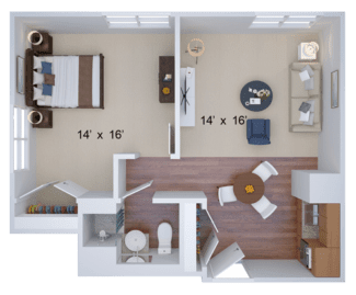 A one-bedroom apartment floor plan with dimensions and furniture layout.