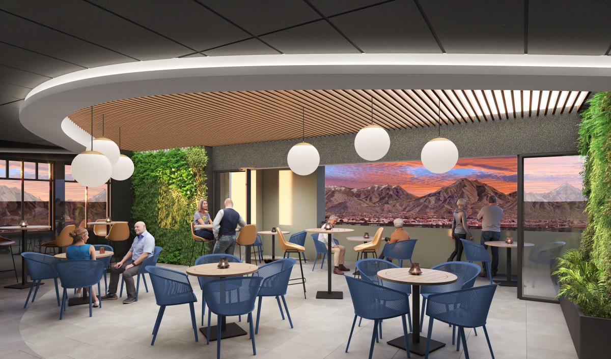 A modern restaurant interior with stylish seating and decor.