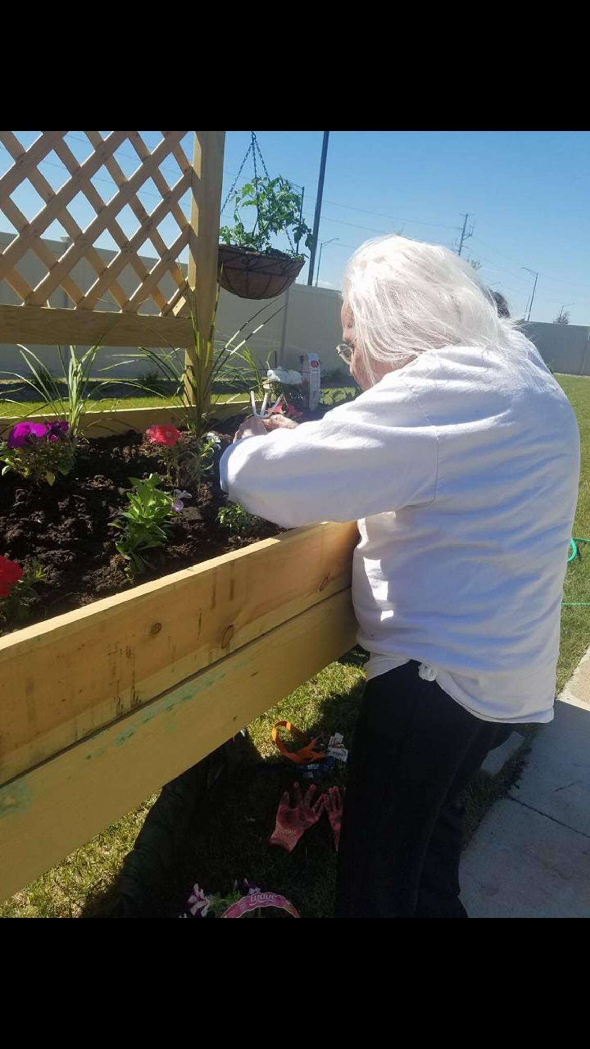 A person tending to flowers in a wooden planter outdoors.