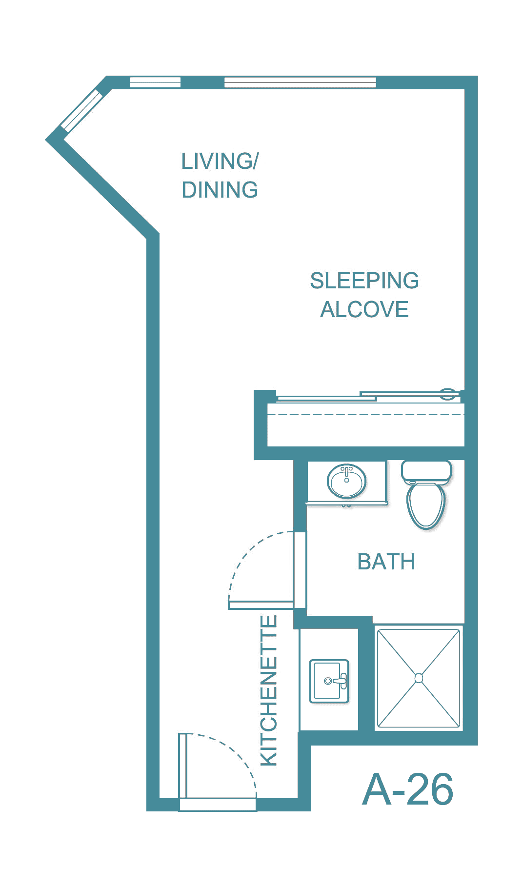 A floor plan of a studio apartment featuring a sleeping alcove, kitchenette, and bathroom.