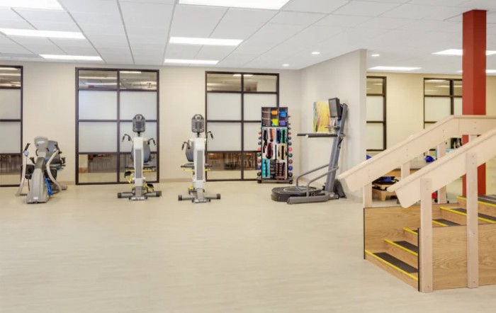 A modern gym interior featuring various fitness equipment including treadmills and exercise machines.
