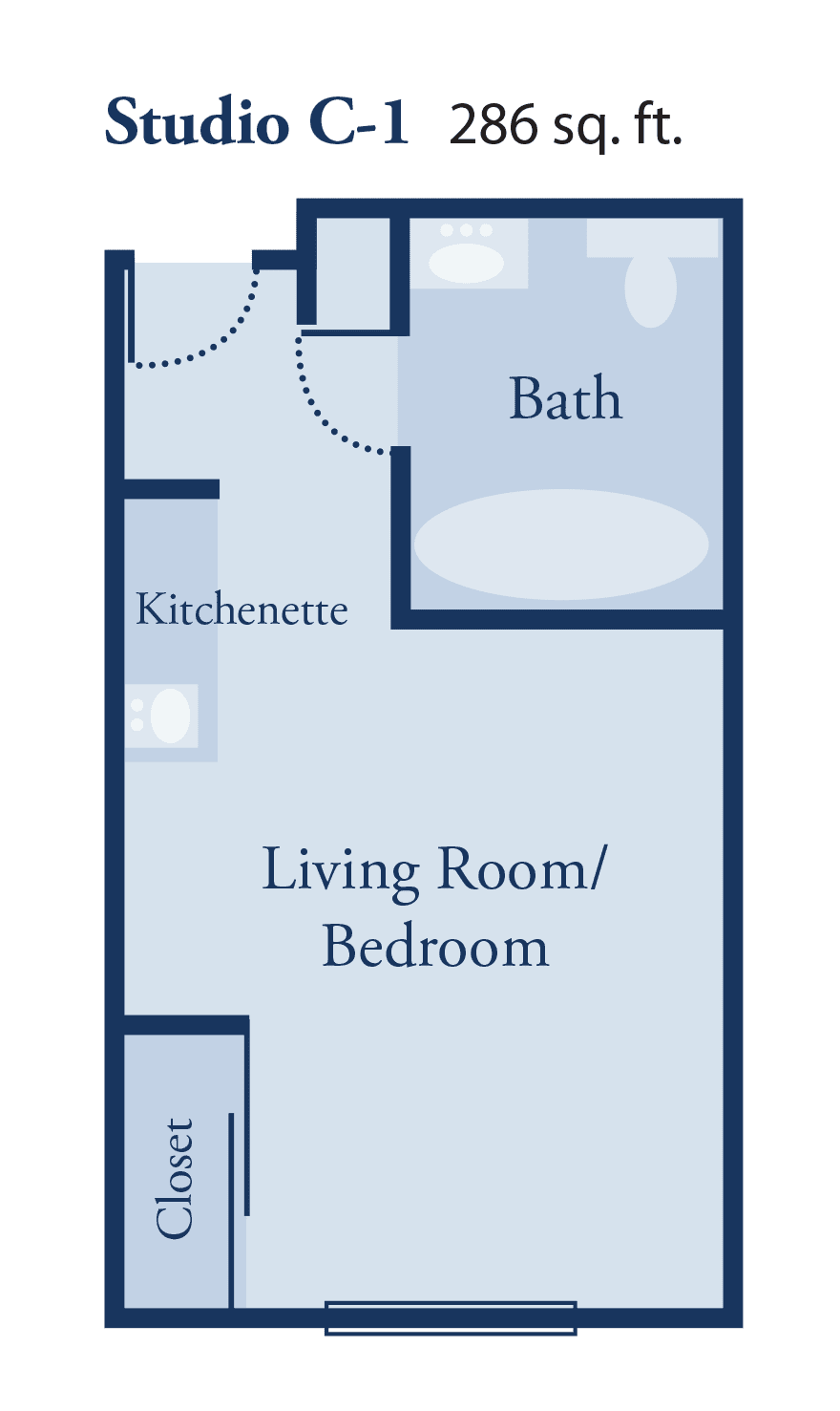 Studio apartment floor plan with kitchenette and bath.